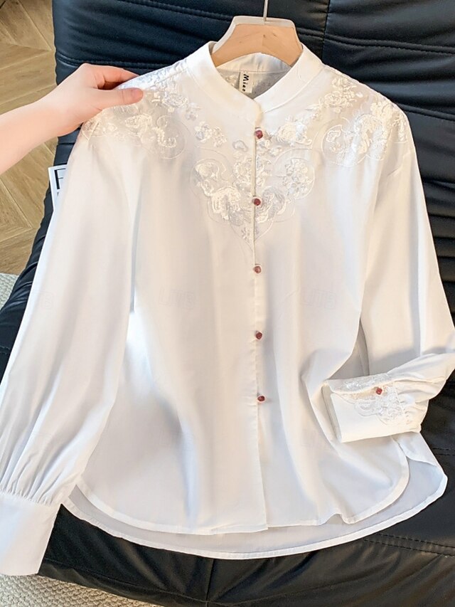 Women's Shirt Blouse Long Sleeve Tops Embroidered Plain