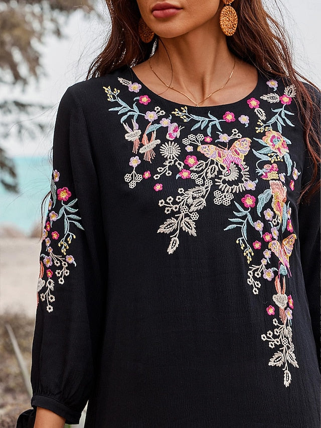 Women's Black Dress Embroidered Mini Dress Cotton Classic
