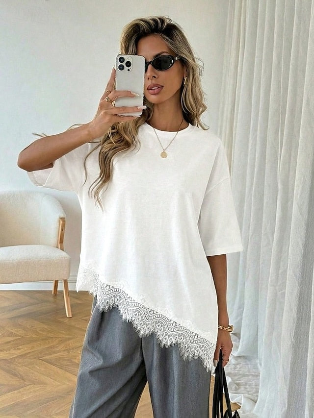 Women's Elegant Tunic T Shirt Asymmetrical Hem Plain