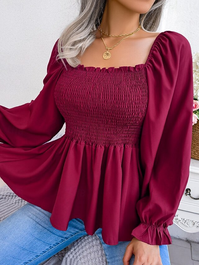 Women's Blouse Chiffon Tops Ruched Patchwork Plain Stylish