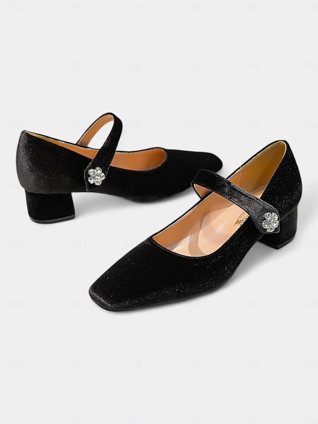 Jane Block Velvet Mary Green Square Women's - Toe Pumps