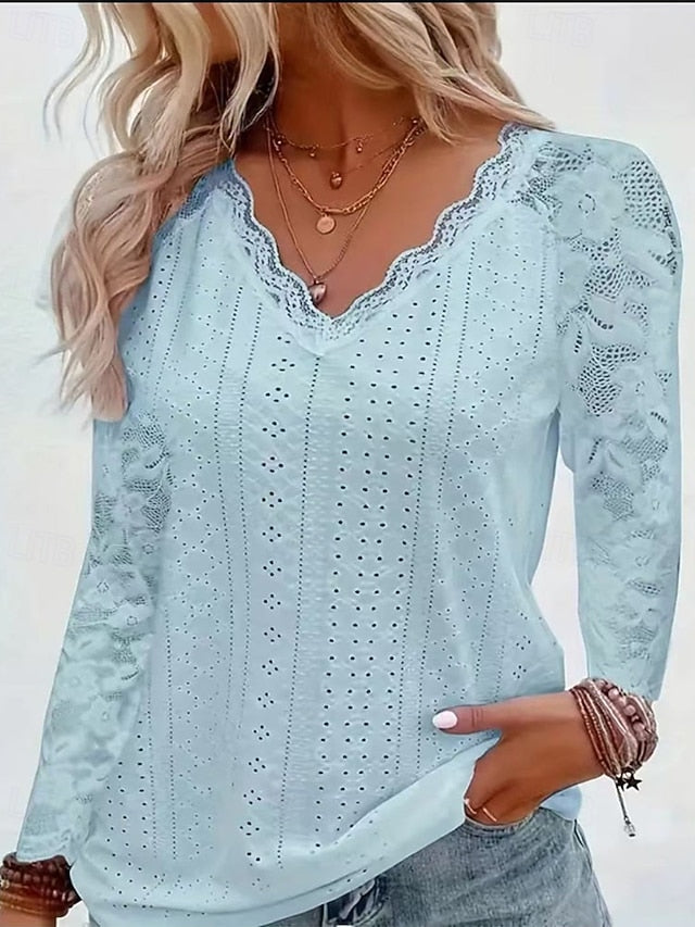 Women's Lace Splicing Top Blouse Ruched Lace Patchwork