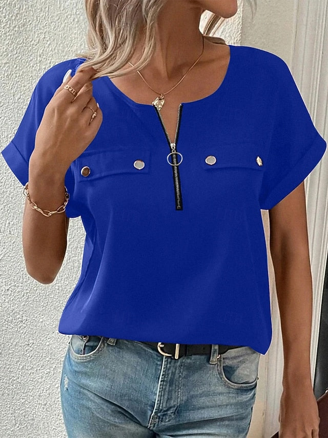 Women's T Shirt Tee Top Zipper Plain Fashion Stylish
