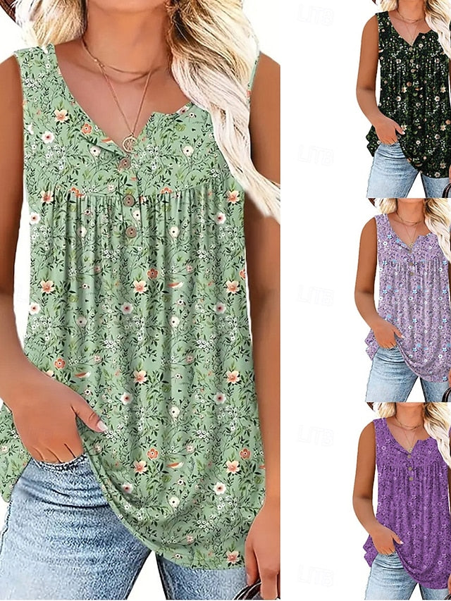 Women's Blouse Buttons Print Floral Casual Sleeveless V