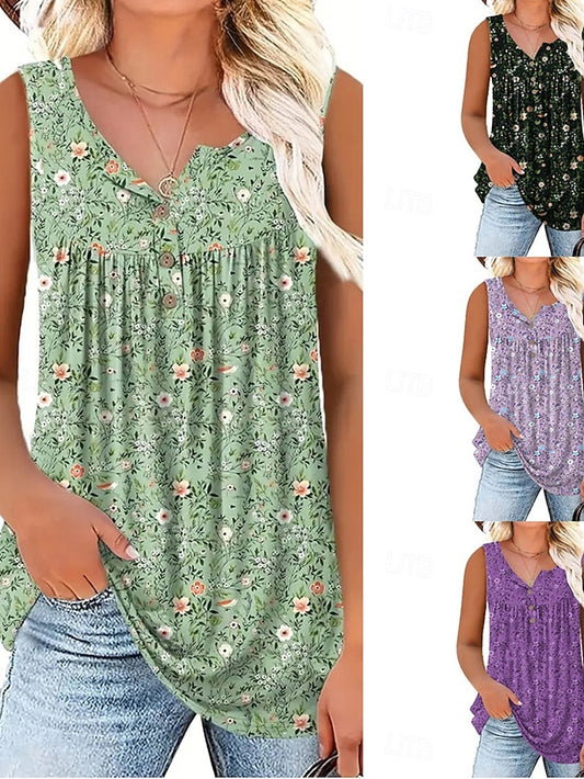 Women's Blouse Buttons Print Floral Casual Sleeveless V