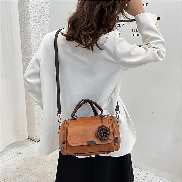 Leather Floral Vintage-Style Handbag Faux Women's with