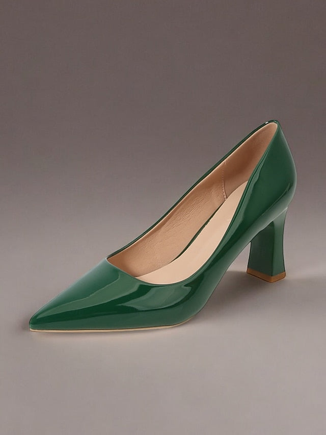 Pointed-Toe Heel Block Leather Patent Pumps Green Faux Glossy