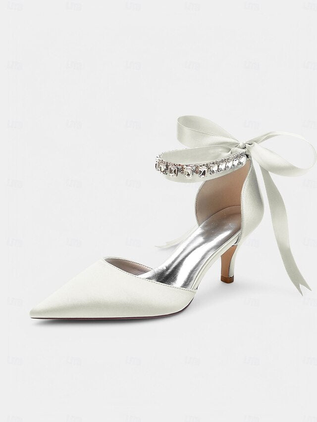 Satin Ankle Strap Blue Heels Pointed-Kitten and with Rhinestone