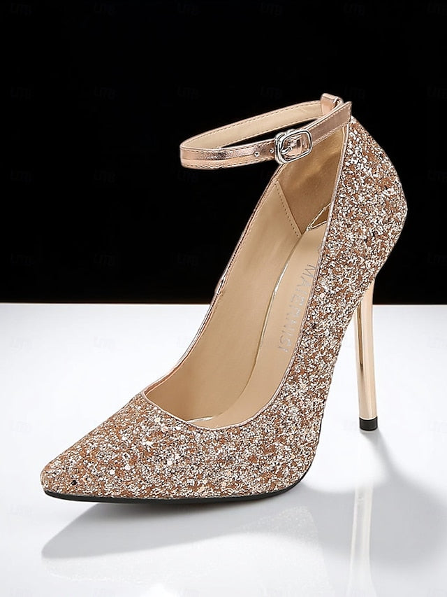 Women's Pointed – Gold Sparkly Stiletto Heels Toe Glitter