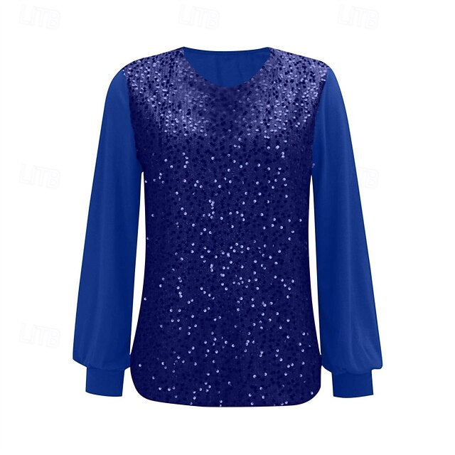 Women's T Shirt Tee Top Sequins Patchwork Solid Color