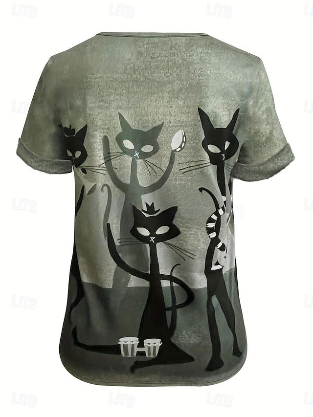 Women's T shirt Black Cat Casual Print Short Sleeve Regular