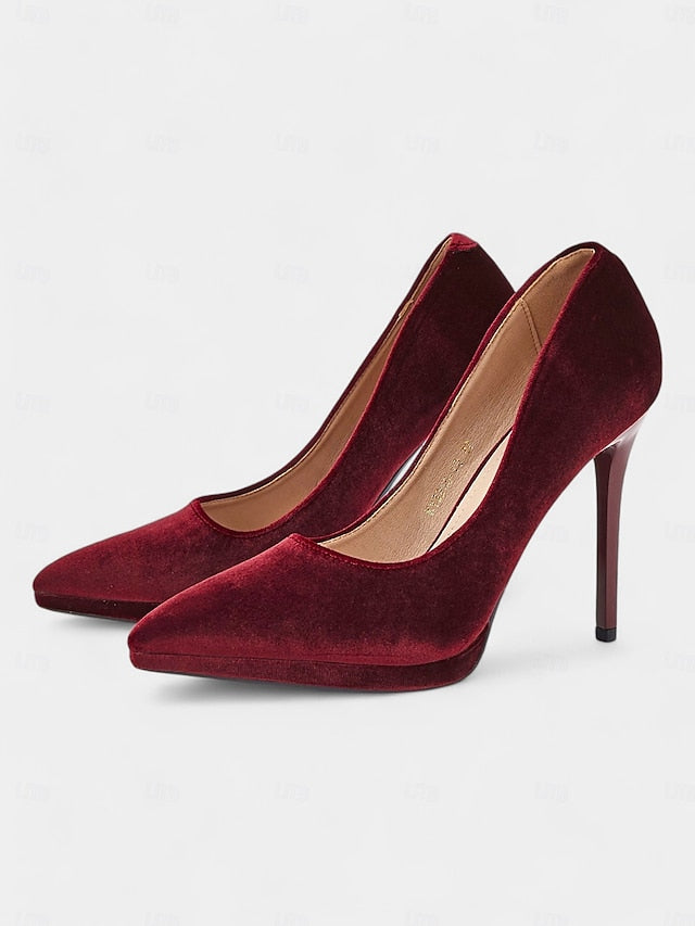 Velvet Burgundy Pumps with and Women's Heel Stiletto