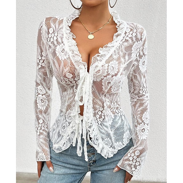 Women's Lace Solid Color Plain Stylish Long Sleeve Causal