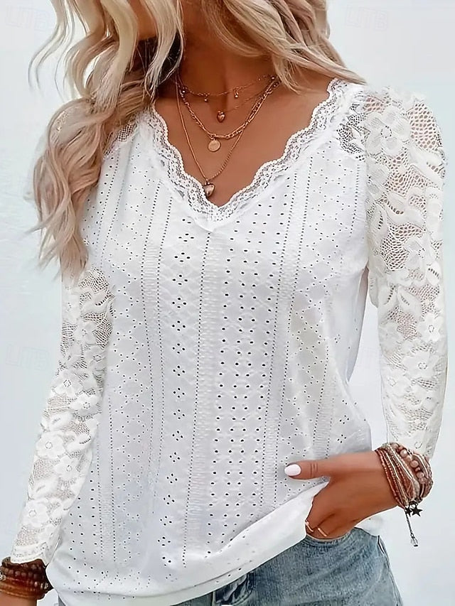 Women's Lace Splicing Top Blouse Ruched Lace Patchwork