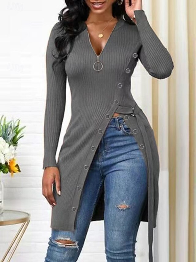 Women's Blouse Zipper Buttons Solid Color Stylish Casual