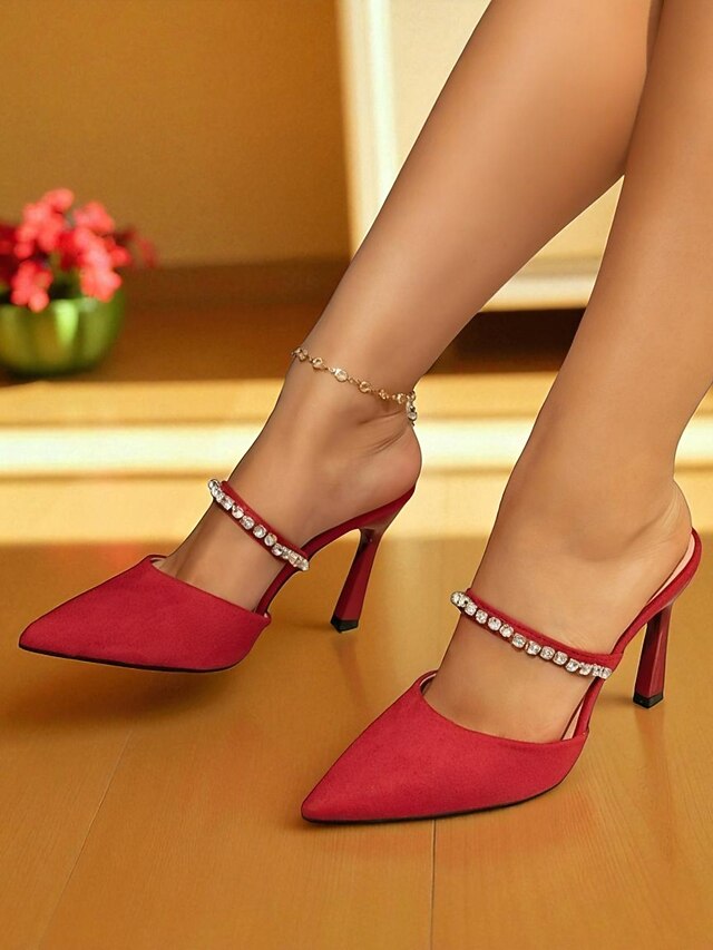 Elegant - Strap with Stiletto Heels Women's Red Rhinestone