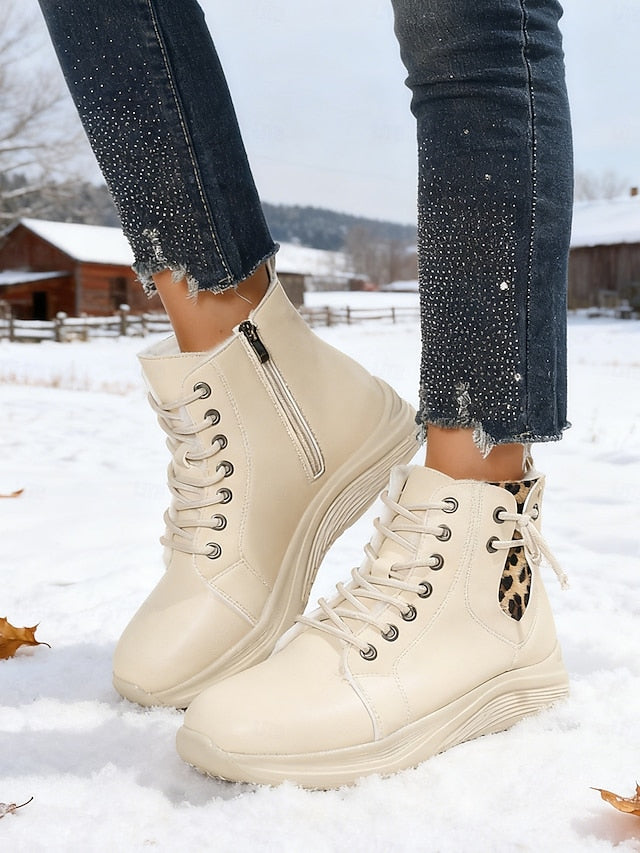 Women's Light Brown High-Top Sneaker Boots with Leopard
