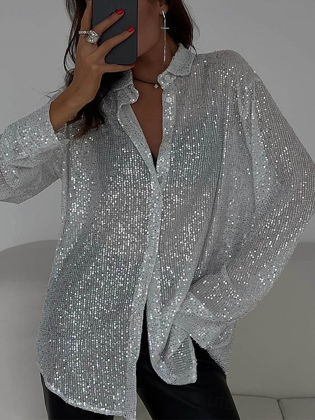 Women's Casual Shirt Button Up Shirt Blouse Sequins Buttons