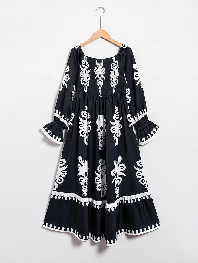 Geometric Print Off Shoulder Midi Satin Dress