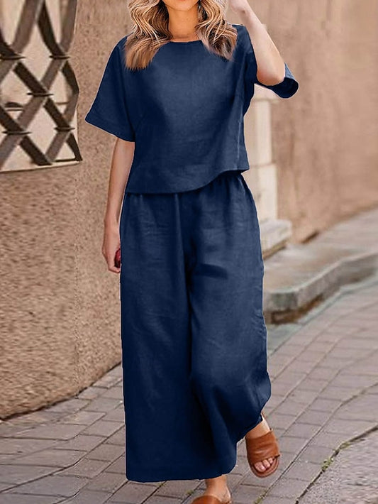 Women's Pants Sets Faux Cotton Linen Short Sleeve Plain