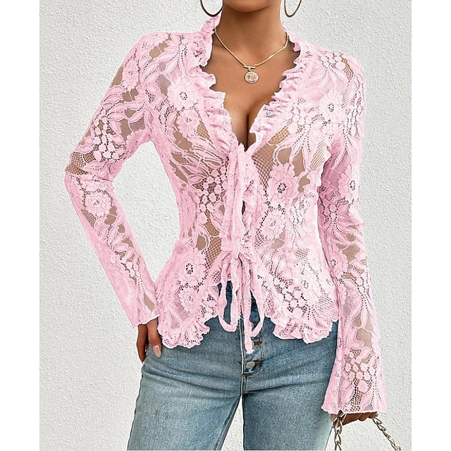 Women's Lace Solid Color Plain Stylish Long Sleeve Causal