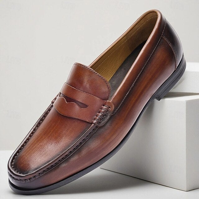 with Slip-On Brown Loafers Men's Shoes Leather Penny