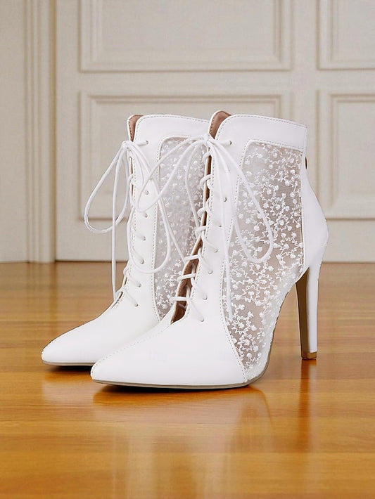 Women's White Stiletto Lace Heels Ankle Booties Mesh with