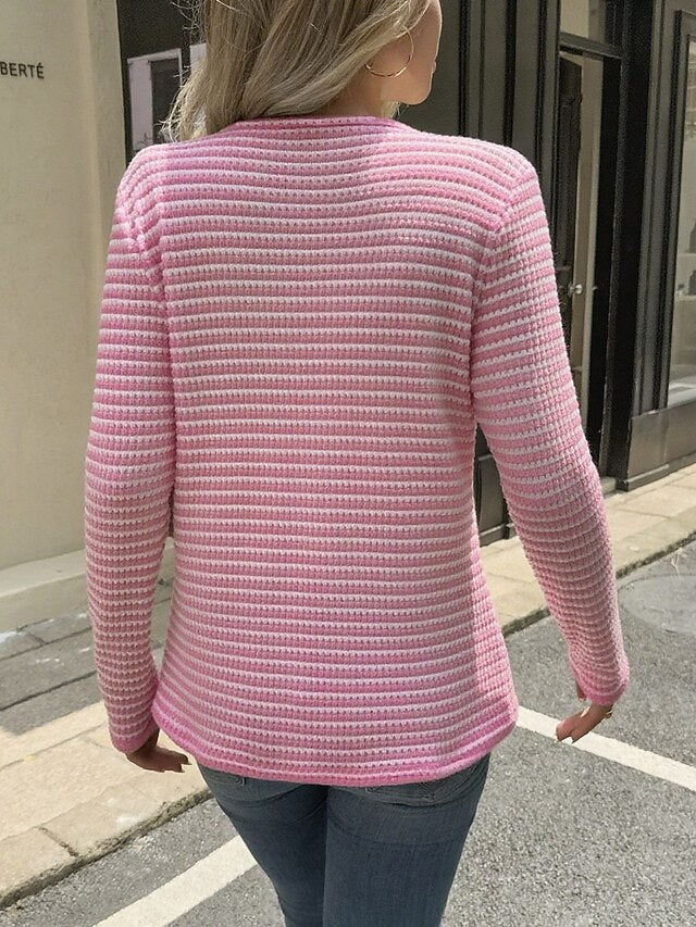 Women's Striped Knit Tops Tee Buttons Stylish Classic