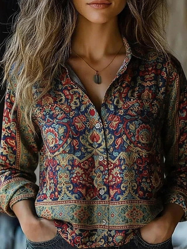 Women's Shirt Boho Shirt Buttons Print Floral Vintage