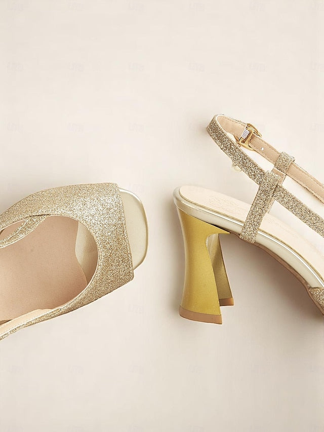 Sparkly Open-Toe Women's Gold Glitter Heels - Slingback
