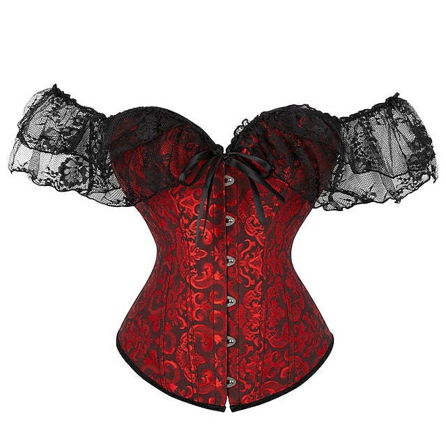 Women Floral Lace Off Shoulder Overbust Corset Bustier Boned