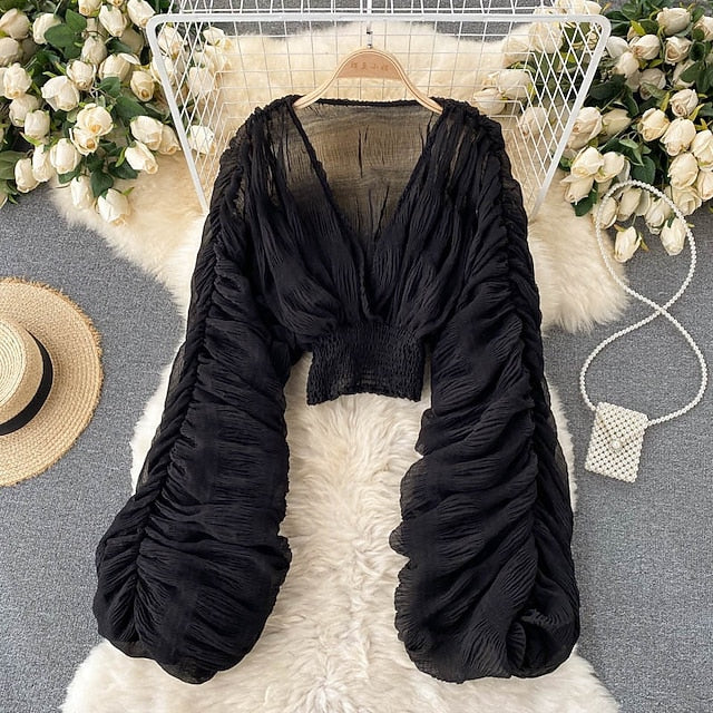 Women's Blouse Chiffon Tops Ruched Plain Stylish Long