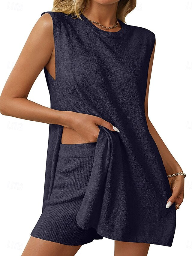 Women's Shorts Sets Bolero Top Sleeveless Crew Neck Plain