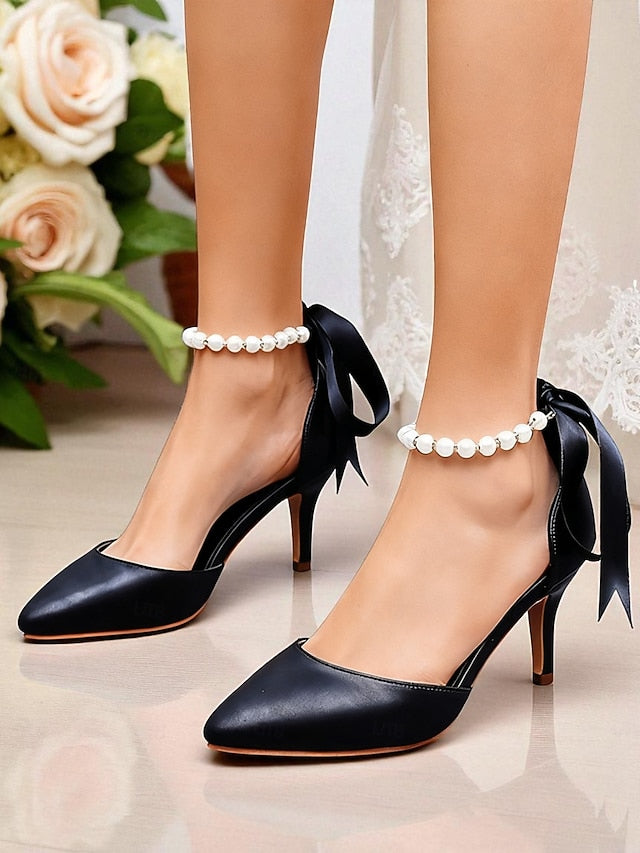 Pearl Bow Ankle Blue Women's - Pumps Strap with Heel Kitten