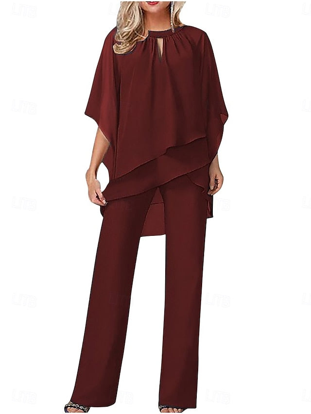 Women's Pants Sets 3/4 Length Sleeve Crew Neck Solid Color