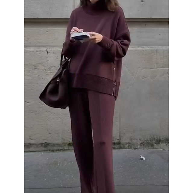 Women's Pants Sets Bolero Top Long Sleeve Turtleneck Plain