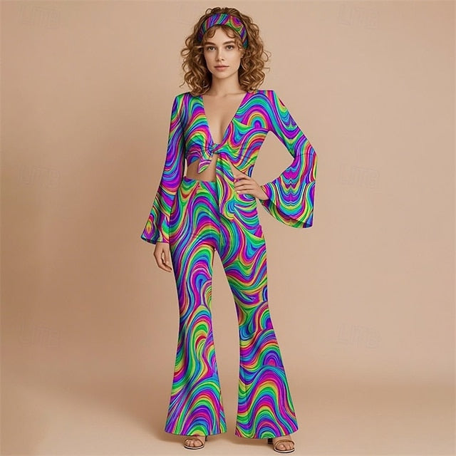 Retro Vintage 1970s Groovy Tie Front Flared Pants Set Hippie