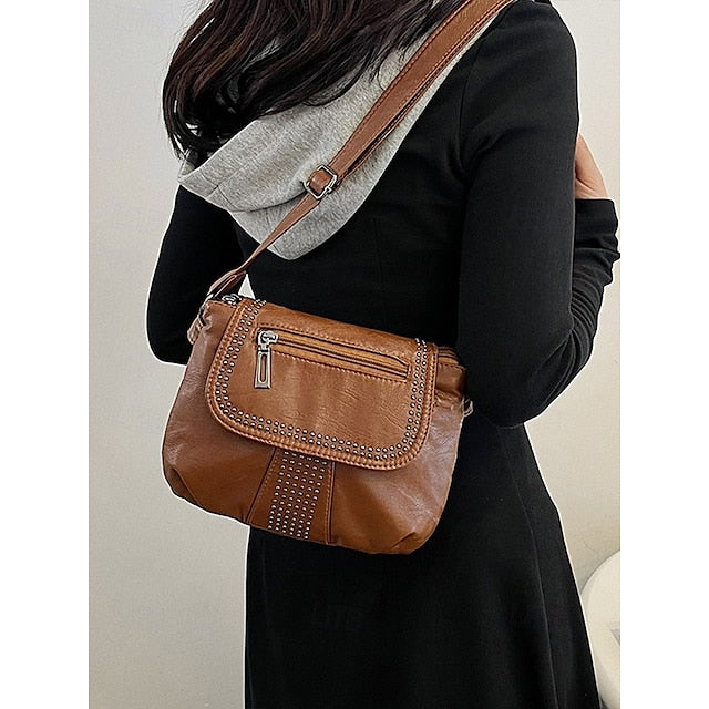 with Brown Studded Bag Leather Crossbody Faux Women's
