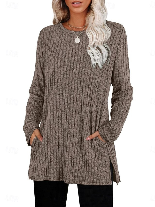 Women's Blouse Long Sleeve Tops Pocket Plain Stylish