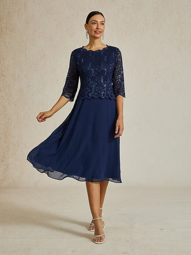 Women's Midi Dress Chiffon Dress Elegant Solid Color 3/4