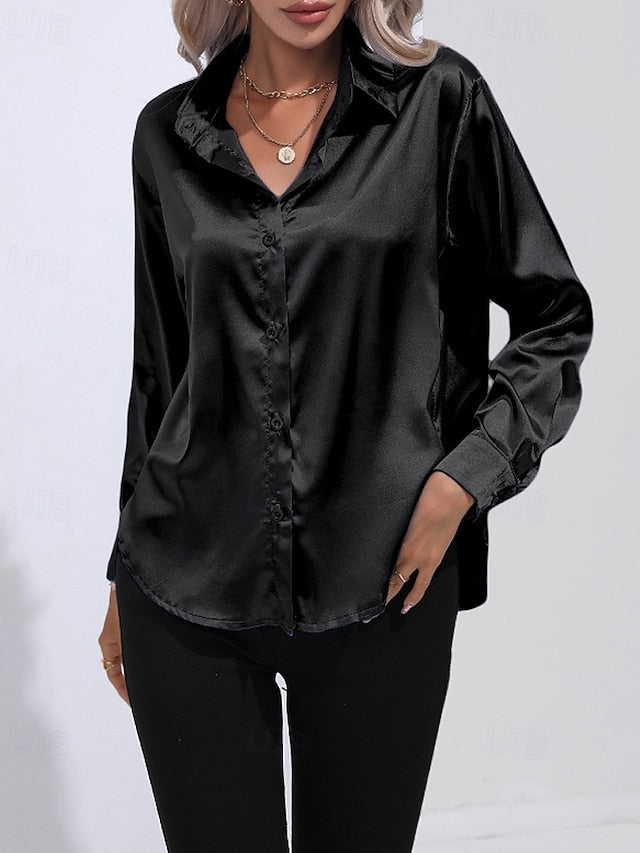 Women's Shirt Elegant Satin Top Blouse Buttons Plain