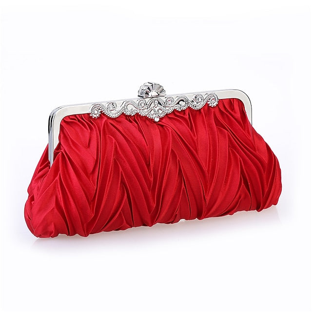 Women's Pleated White Elegant Evening Satin Clutch –