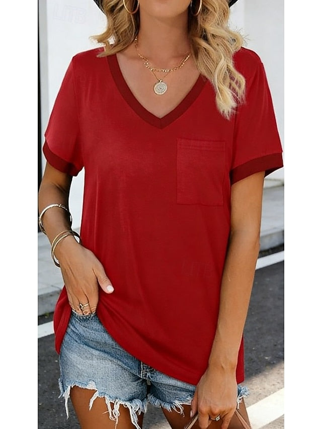 Women's T Shirt Patchwork Pocket Color Block Solid Color