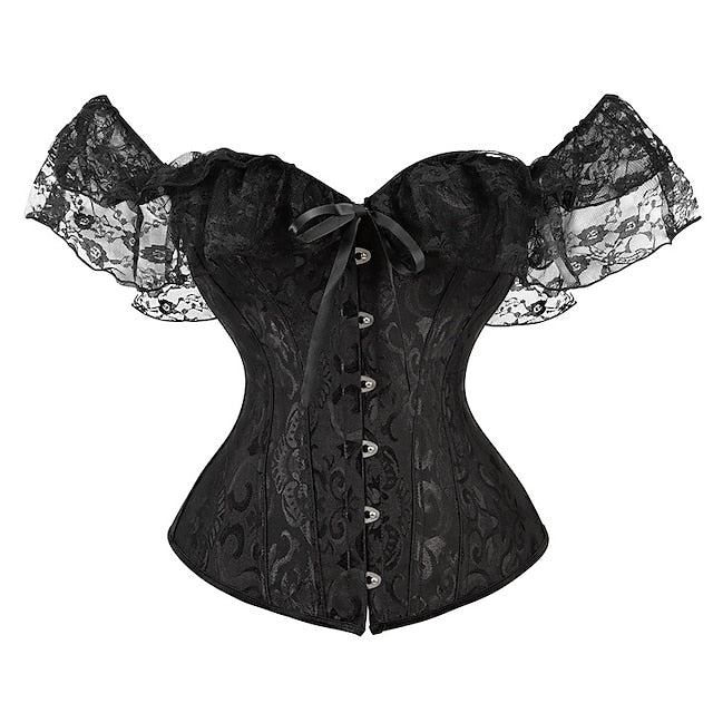 Women Floral Lace Off Shoulder Overbust Corset Bustier Boned