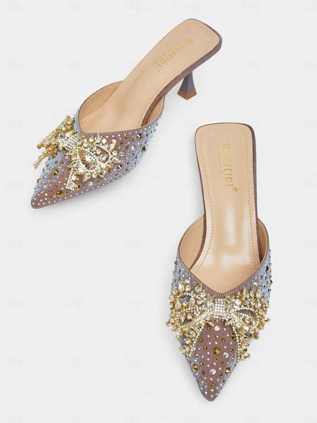 Pointed Toe Mules Slip-On Rhinestone Women's - Glitter