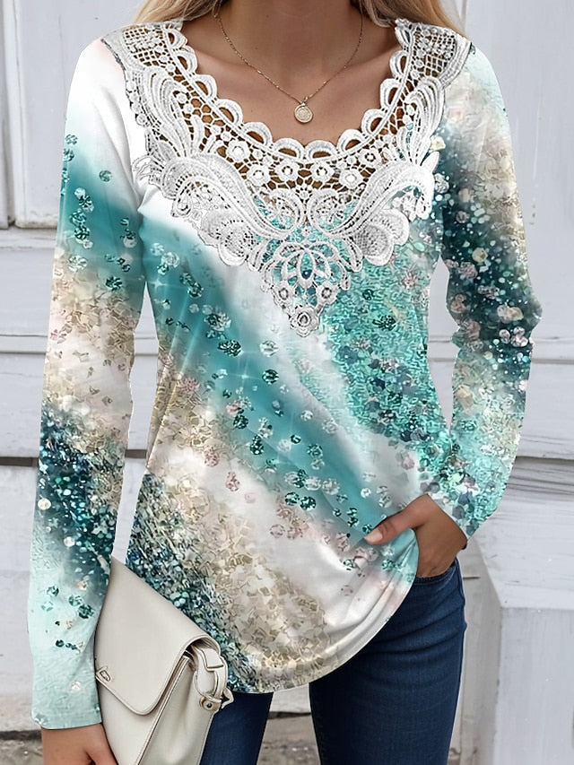 Women's Blouse Tunic Lace Splicing V Neck Long Sleeve