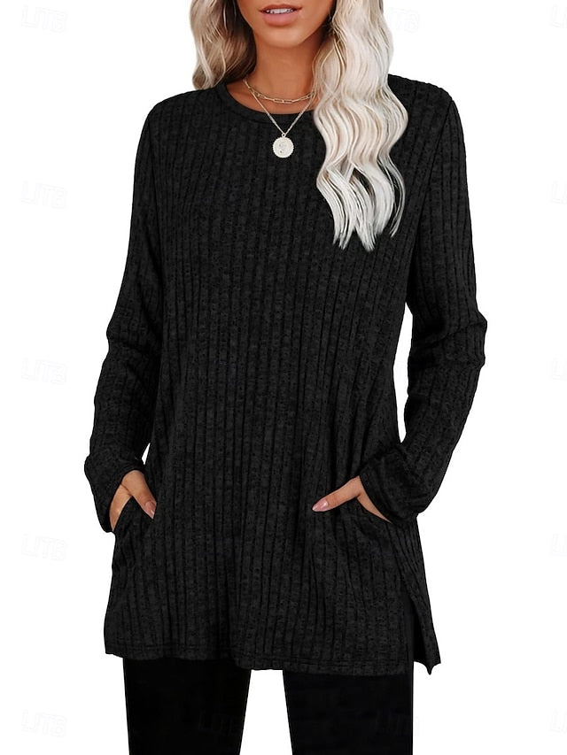 Women's Blouse Long Sleeve Tops Pocket Plain Stylish