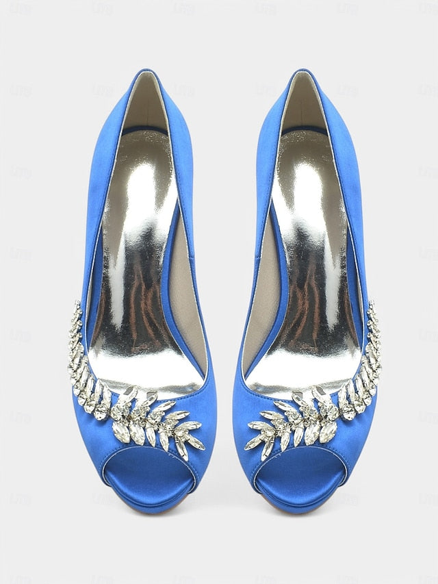 Blue Embellishment Heels Luxury with Crystal Peep-Toe – Satin