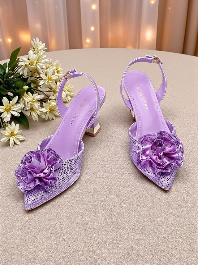 with Rhinestone Women's Purple Floral Heels Slingback