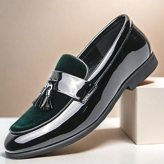 Faux Black Patent Loafers Leather Men's Velvet Tassel –